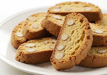 Close up of almond biscotti cookies on a white plate