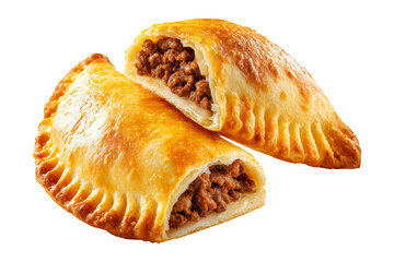 Argentina and Uruguay empanadas stacked in a pyramid, golden baked crust, meat and potato filling, isolated on white transparent background, concept of traditional South American Cuisine