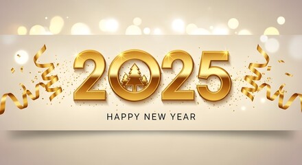 Golden 2025 new year greeting card with christmas tree on white background, sparkling bokeh, elegant design for festive season, perfect for banners and invitations