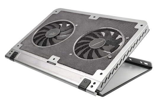 Silver laptop cooling pad with dual fans for optimal performance and ventilation