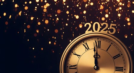 Golden 2025 new year celebration with clock striking midnight and bokeh lights, symbolizing new beginnings and festive anticipation of the upcoming year