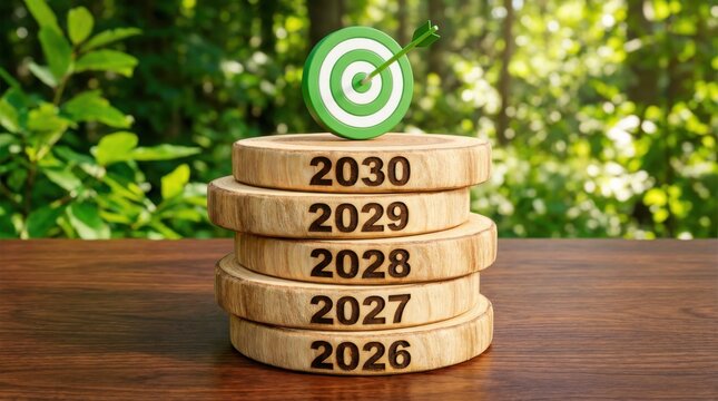 Eco themed wooden timeline with green target year 2026, 2027, 2028, 2029 and 2030	