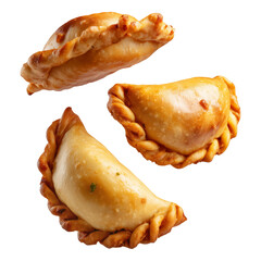 Argentina and Uruguay empanadas stacked in a pyramid, golden baked crust, meat and potato filling, isolated on white transparent background, concept of traditional South American Cuisine