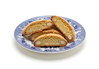Delicious almond biscotti cookies arranged on a decorative blue plate