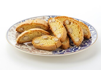 Delicious almond biscotti cookies arranged on a decorative plate against a white background