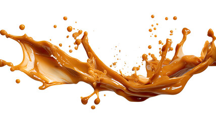 A dynamic caramel splash captured in fluid motion creating rich glossy texture and striking visual impact on white background
