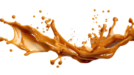 A dynamic caramel splash captured in fluid motion creating rich glossy texture and striking visual impact on white background
