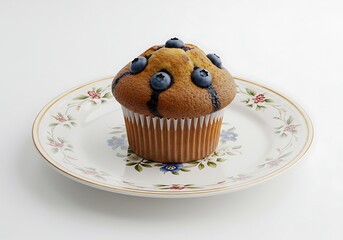 Delicious blueberry muffin on a decorated plate against a bright white background