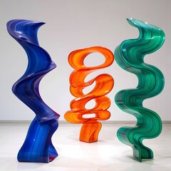Colorful glass sculptures in a row against a white background in a studio setting