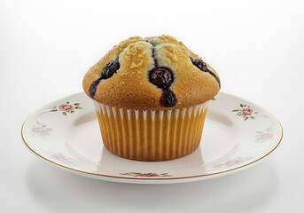 Delicious blueberry muffin on a plate against a white background