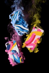 Colorful phone cases with smoke on a black background in a studio setting