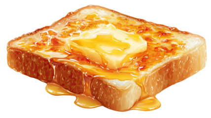A freshly prepared buttered toast slice showing golden crisp texture and melted butter details on white background.
