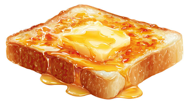 A freshly prepared buttered toast slice showing golden crisp texture and melted butter details on white background.
