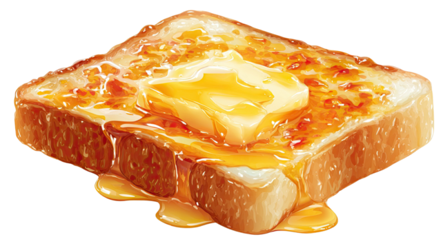 A freshly prepared buttered toast slice showing golden crisp texture and melted butter details on white background.