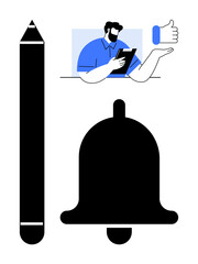 Large pencil, notification bell, and person holding tablet giving thumbs up. Ideal for creativity, communication, approval, notification, productivity education focus. Simple flat metaphor