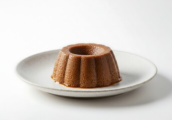 Delicious brown dessert cake on a white plate isolated on white background