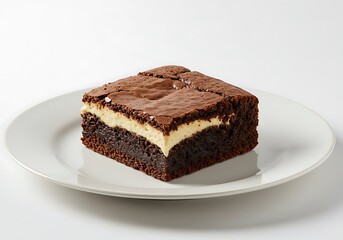 Delicious brownie dessert on a white plate with a bright clean background