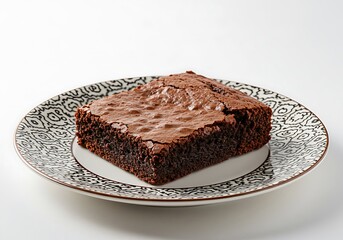 Delicious brownie slice on decorative plate against white background