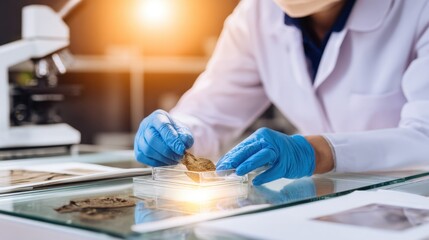 Scientist examining specimen under microscope in laboratory, showcasing research and analysis process