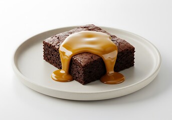 Delicious brownie square with caramel sauce on a white plate