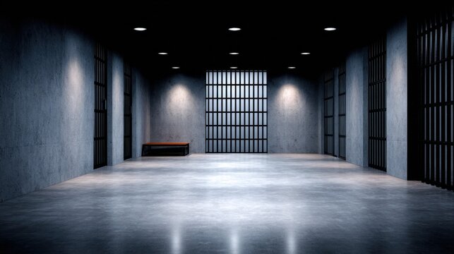 Dimly lit prison cell with concrete walls and barred windows, evoking a sense of confinement and isolation