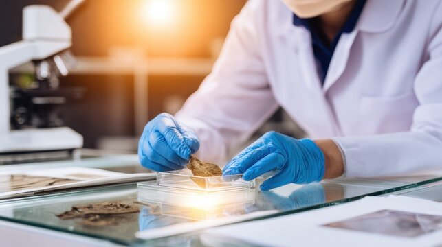 Scientist examining specimen under microscope in laboratory, showcasing research and analysis process - Powered by Adobe