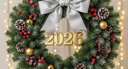 A festive christmas wreath with the year 2026 in gold, adorned with pine cones, red berries, and a silver bow, creating a warm and inviting holiday atmosphere