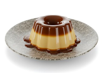 Delicious caramel flan dessert on decorative plate with light background