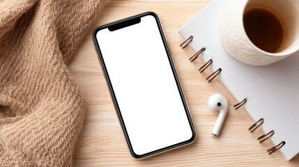 Flat lay of smartphone, coffee, notebook, and wireless earbuds on a wooden table at a rustic cabin, in a minimalist workspace layout, soft overcast soft light, with warm beige tones, ideal for