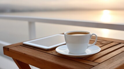 Flat lay of tablet, coffee, notebook, and wireless earbuds on a wooden table at a city balcony, in a minimalist workspace layout, soft golden hour, with muted neutral tones, ideal for digital nomad