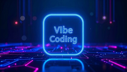 Futuristic Digital Concept Featuring Glowing Neon Vibe Coding Text Framed on an Advanced Circuit Board Interface