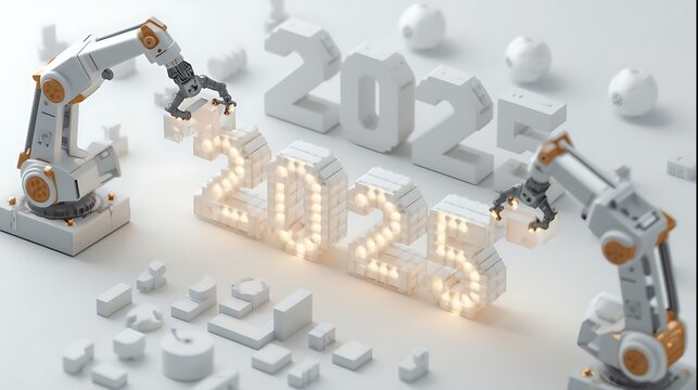 Robotic Arms Constructing Glowing 2025 Text with 3D Printed Elements.