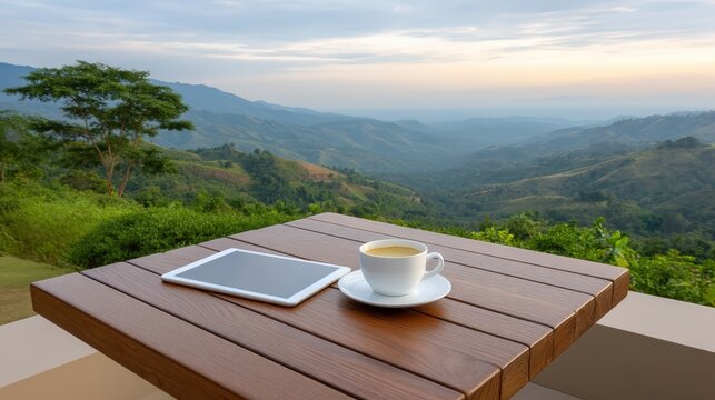 Flat lay of tablet, coffee, notebook, and wireless earbuds on a wooden table at a mountain terrace, in a minimalist workspace layout, soft golden hour, with pastel blue tones, ideal for digital nomad
