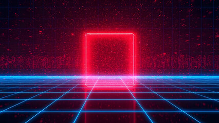 Retro futuristic neon portal in a digital grid landscape