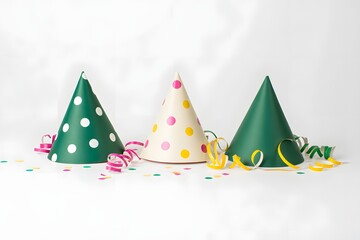 Festive party hats and streamers on a white background celebration decorations event