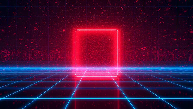 Retro futuristic neon portal in a digital grid landscape