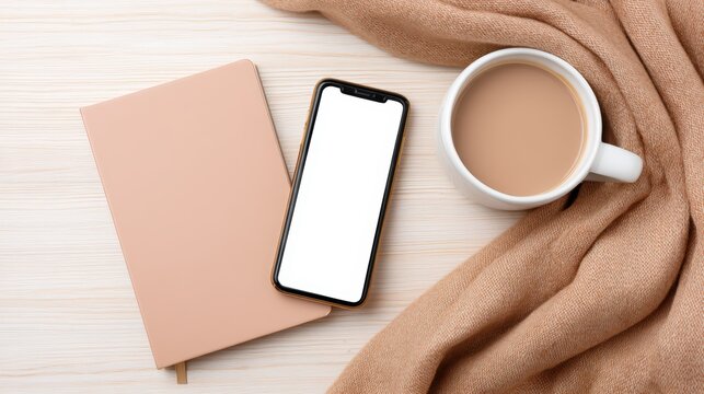 Flat lay of smartphone, coffee, notebook, and wireless earbuds on a wooden table at a countryside cottage, in a minimalist workspace layout, soft overcast soft light, with warm beige tones, ideal for