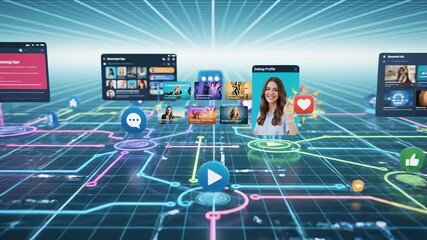 Woman sitting comfortably with tablet, surrounded by social media icons on screen, conceptually representing global connectivity through digital means, perfect for backgrounds in documentaries. - Powered by Adobe
