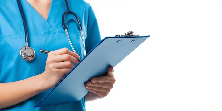 Realistic nurse holding medical chart on a bright white background, detailed professional look