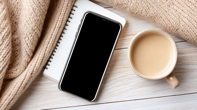 Flat lay of smartphone, coffee, notebook, and wireless earbuds on a wooden table at a city studio, in a minimalist workspace layout, soft overcast soft light, with warm beige tones, ideal for digital