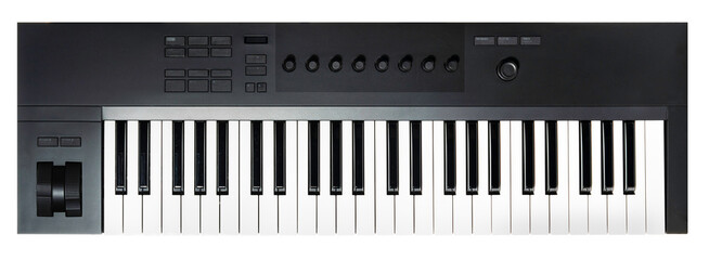 Black Synthesizer or MIDI controller keyboard is shown, featuring keys, knobs, and control buttons isolated on white background, Keyboard on White Background PNG file.