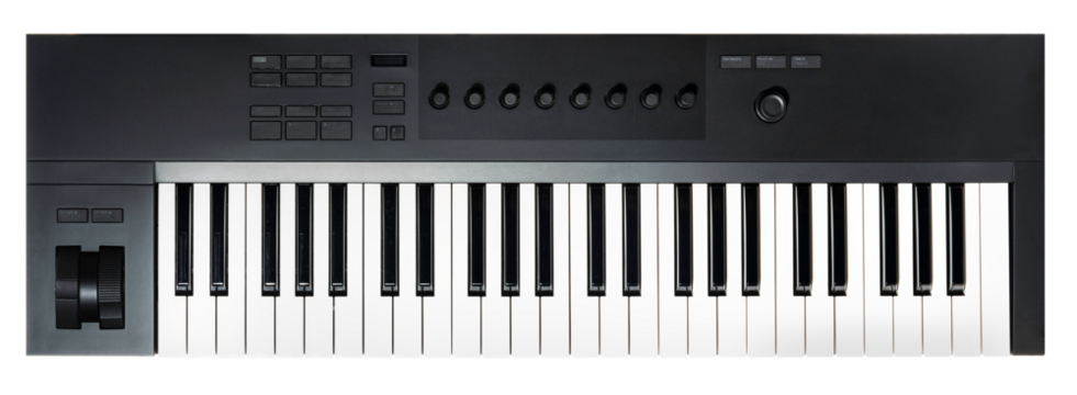 Black Synthesizer or MIDI controller keyboard is shown, featuring keys, knobs, and control buttons isolated on white background, Keyboard on White Background PNG file.
