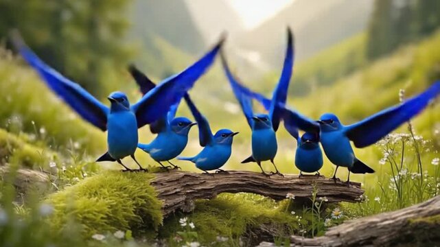 A group of bluebirds perched on a mossy log against a blurred mountain background scenery view bird video
