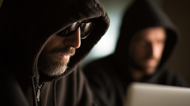 Two Hackers in Hoodies Working on a Laptop in a Dimly Lit Environment, Focused on Their Task
