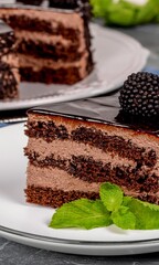 The image depicts a decadent chocolate cake with a slice cut out, showcasing its moist texture and layered structure. The cake is adorned with chocolate frosting, drizzled chocolate ganache, and decor