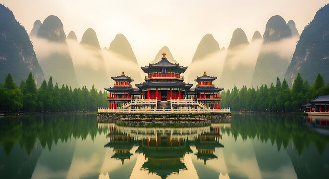 Traditional east asian temple reflecting in serene water with misty karst mountains and lush trees