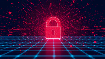 Glowing red padlock on digital grid represents cyber security and data protection