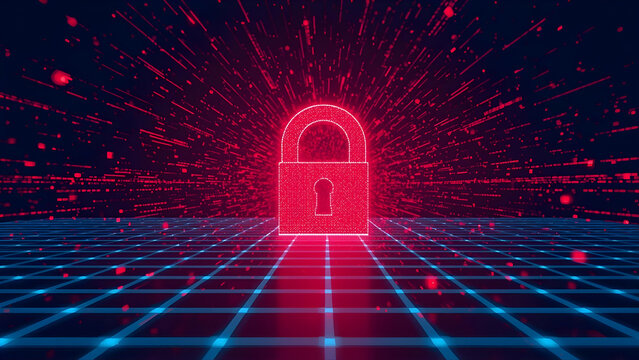 Glowing red padlock on digital grid represents cyber security and data protection