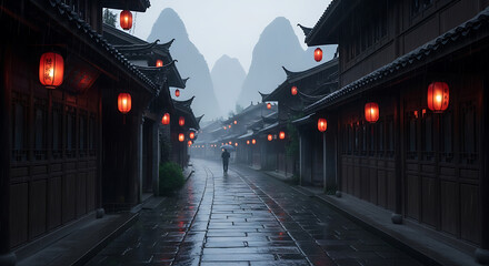 Misty street scene in an ancient chinese town with traditional architecture, glowing red lanterns, and a lone figure