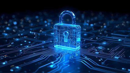 Glowing blue digital padlock on futuristic circuit board